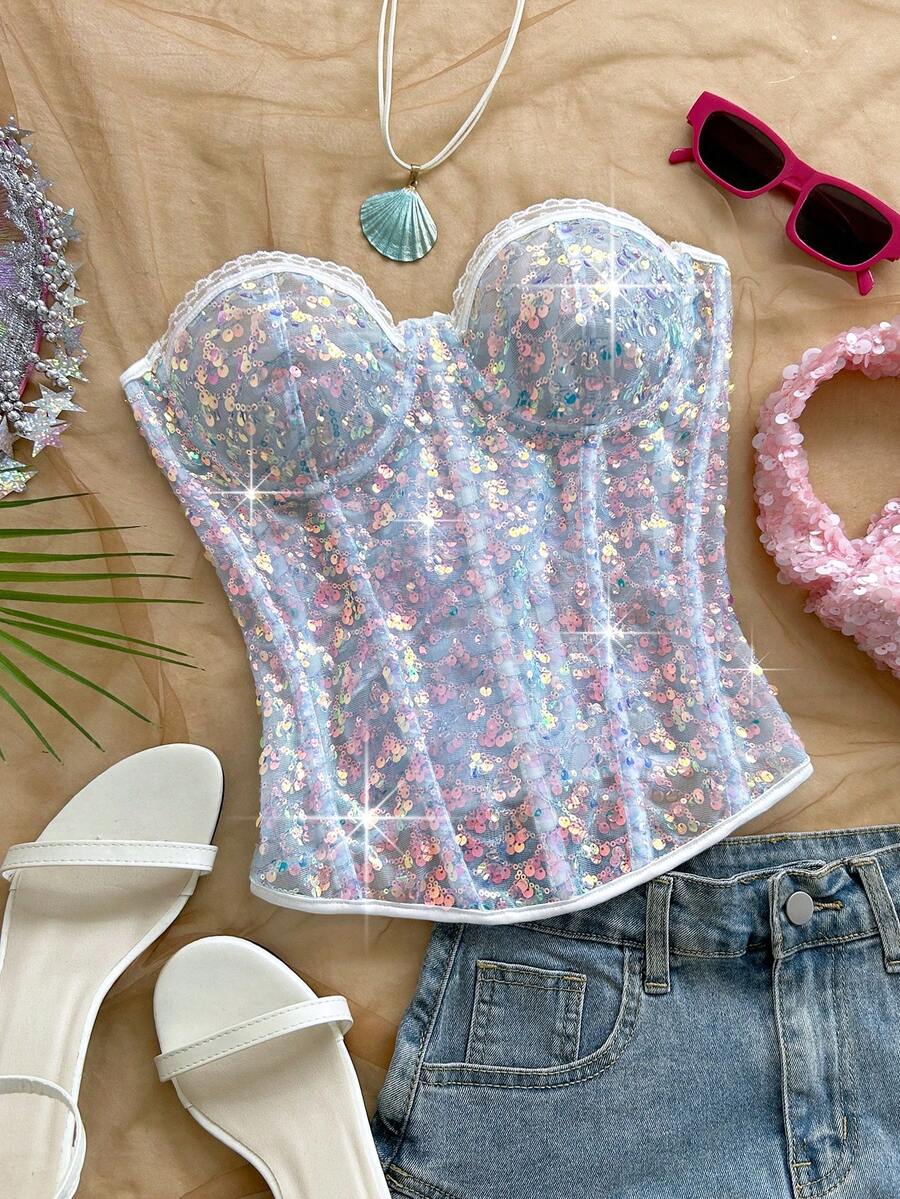 Soleia Áo định hình vóc dáng, đính sequin nhiều màu sắc, ôm sát, thanh lịch, buộc dây phía sau, ren và hoa văn. - Màu xanh lam - Xem 1