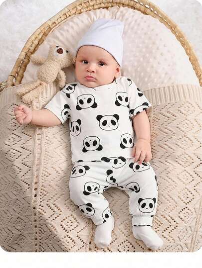 SHEIN 2pcs Baby Boy Cute Bear Pattern Short Sleeve Knit Pajama Set