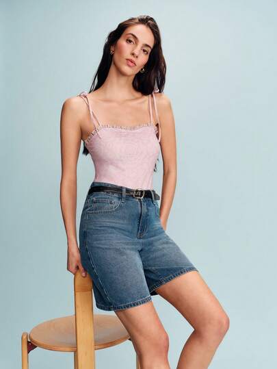 lacRébo Vintage Floral Knit Bodysuit In Dusty Pink With Tie Straps And Lace Details Spring Summer Chic Casual French Style Outfit