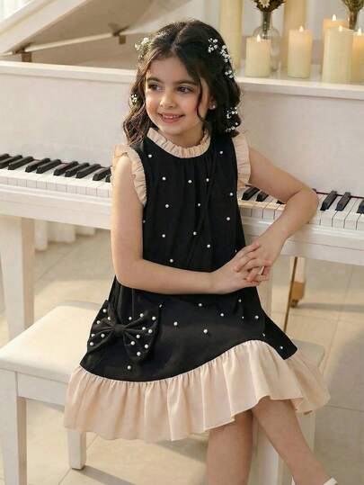 SHEIN 1pc Girls' Spring/Summer Fashion New Casual Elegant Woven Fabric Beaded Decor Ruffle Trim Mandarin Collar Sleeveless Fitted Dress With Beaded Bow, Suitable For Daily, Party, Vacation