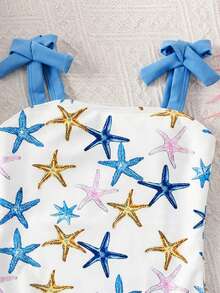 Emery Rose Kids Emery Rose Kids Áo tắm liền thân cho bé gái mùa xuân hè, chất liệu dệt kim chắp vá, họa tiết sứ xanh trắng cổ điển, dây mảnh, có nơ. - Màu xanh lam - Xem 4