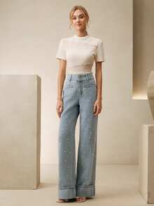 Anewsta Women's Fashionable Glamorous White Pearl Romantic Valentine's Day Party Vacation Blue Straight Leg Cuffed Jeans - Blue - View 3