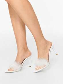 Glitzique Dép xỏ ngón lông thú cho nữ 2024 Dép cao gót xỏ ngón đa năng phong cách cổ điển mới cho ngày lễ tình nhân - trắng - Xem 5