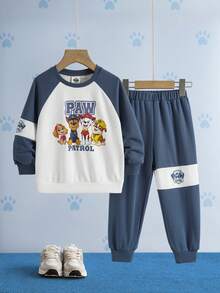 SHEIN | PAW Patrol Young Boy Casual Everyday Commute Cute Cartoon Dog & Letter Print Raglan Sleeve Crew Neck Sweatshirt And Cuffed Sweatpants Set, Autumn/Spring - Blue and White - View 1