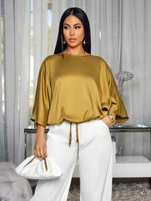 SOLERSUN Women's Elegant Loose-Fit Casual Party Luxury Satin Batwing Sleeve Blouse With Drawstring Hem - Mustard Yellow - View 4
