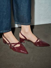 女士酒红色漆皮尖头绑带粗跟高跟鞋，优雅尖头正式高跟鞋，时尚露跟高跟鞋 - 酒紅色 - 查看 5