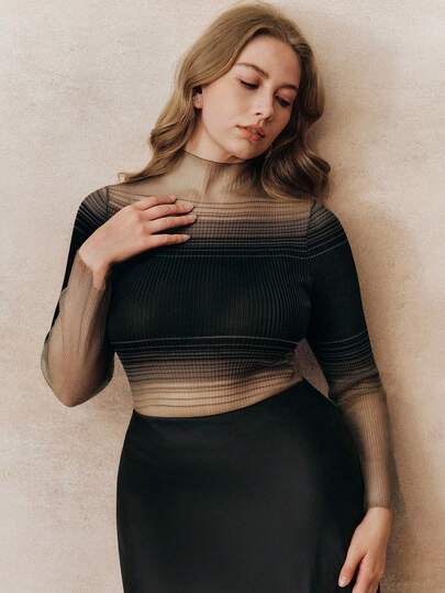 Anewsta Plus Size Women Contrast Color Turtleneck Long Sleeve T-Shirt, Slimming Short Sleeve Top