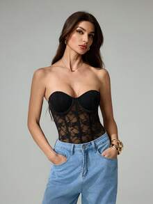 SHEIN Tall Women's Black Lace Bodysuit: Strapless Sleeveless Knitted Sheer Floral Lingerie Top - Black - View 11