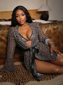 SHEIN 4pcs Leopard Print Wireless Sexy Lingerie Set For Women - Multicolor - View 3