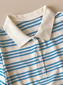 SHEIN Unity Spring/Summer New Blue & White Striped Polo Collar Half-Zip Waist Tie Bow Decor Sweet Cute T-Shirt, Retro College Style For Commuting - Blue and White - View 6