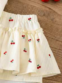 SHEIN LMoss Kids 2pcs Young Girl Knitted Solid Color Cherry Graphic Camisole And Shorts Set - White - View 6