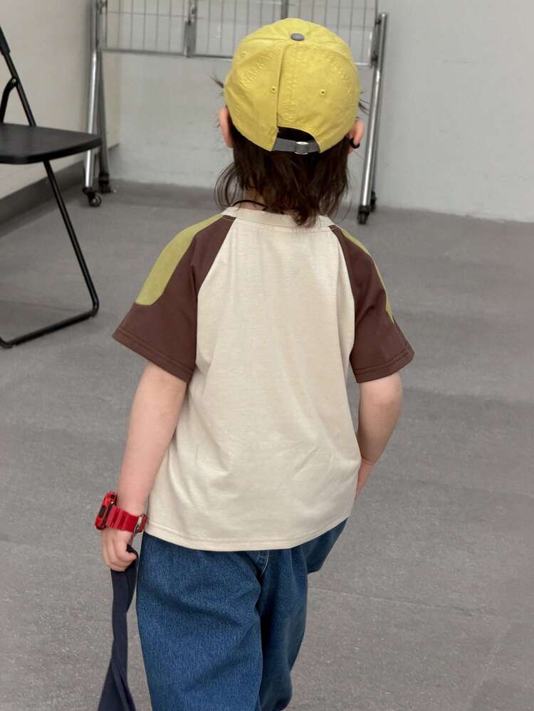 Young Boy Summer Casual Fashionable Street Daily Commute Letter Print Contrast Color Raglan Short Sleeve T-Shirt