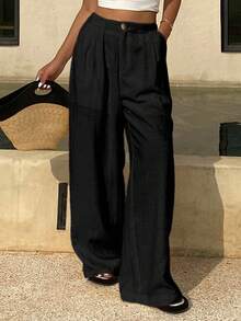 DAZY 女士宽松纯色阔腿裤，带口袋，休闲度假夏季长裤 - 黑色 - 查看 3