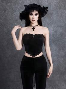 Glisette Women's Velvet Bandeau Top With Lace Trim + Flare Leg Pants 2 Pieces Set - Black - View 3