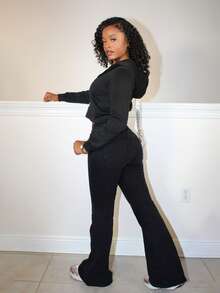 Steph T Zip Up Drawstring Crop Hoodie,Long Sleeve Tops Graduation,Back To School Outfits,Graduation,Teacher Outfits For Women,Back To School In Fall/Winter - Black - View 4