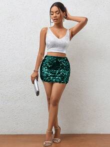 SHEIN PETITE 女士纯色亮片修身短裙，夏季 - 綠色 - 查看 6