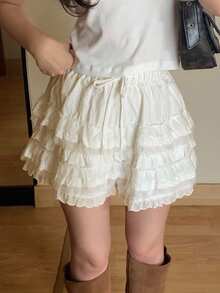DAZY 女士蕾丝拼接优雅短裤，白色，四季皆宜 - 杏色 - 查看 6