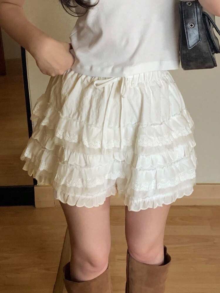 Women's Lace Patchwork Elegant Shorts, White, All Season