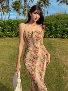 DAZY Women's Summer Beach Vacation Tie-Dye Floral Print Ruffle Hem Bodycon Maxi Slip Dress - Yellow - View 3