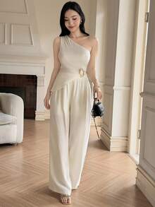 Feyla 一套女士优雅斜领金属纽扣衬衫和裤子 - 杏色 - 查看 4