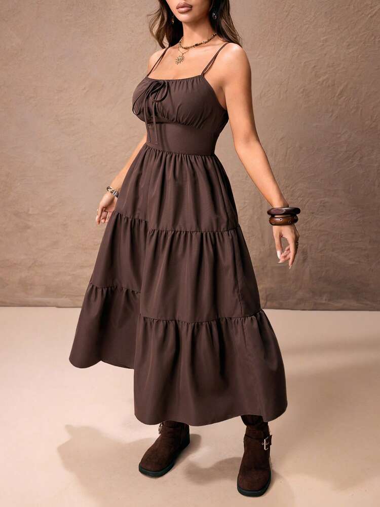 romwe formal dress Women's Solid Color Ruffle Hem Spaghetti Strap A-Line Dress, Country ,Petite Women los angeles vintage bridal shop