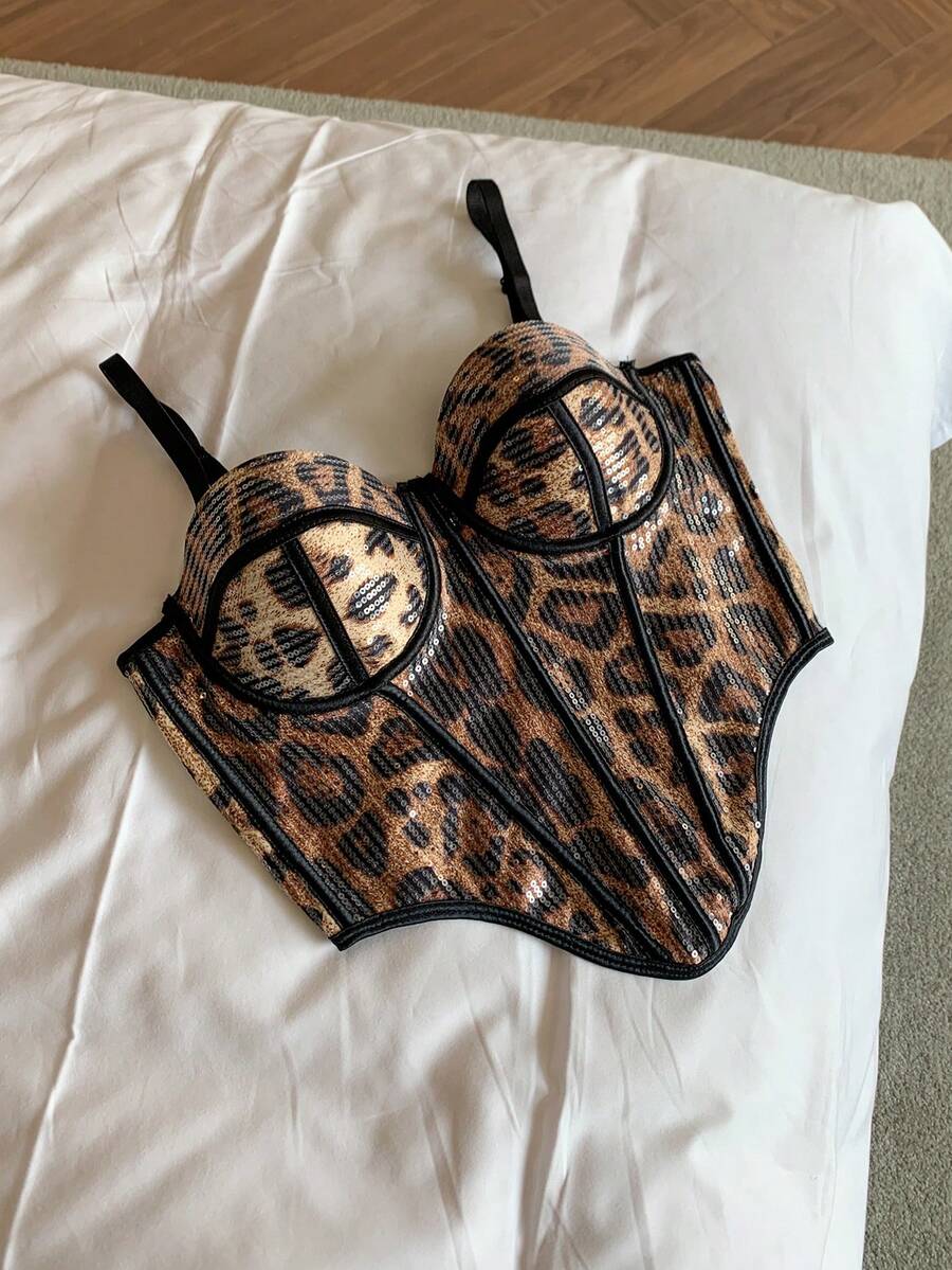 DAZY Sequin Leopard Print Fishbone Design Adjustable Spaghetti Strap Long Shaping Sexy Bralette For Women, Suitable For Spring And Summer - Yellow - View 1