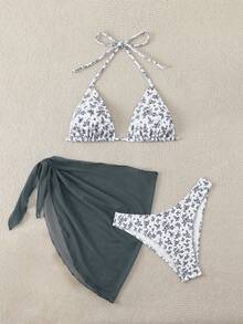 Swim Mod Women's Ditsy Floral Bikini With Cover-Up Swimwear Set, Vacation & Beach - Grey - View 3