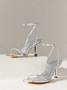 SHUZIA Glamorous Ladie's Fashionable Silver Ankle Strap Buckle Square Toe Mid Heel Party Spring Summer Holiday Vacation Heeled Sandals - Silver - View 5