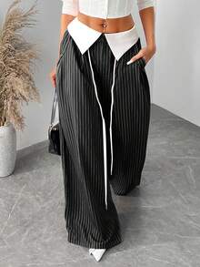 SHEIN SXY Quần kẻ sọc cạp cao màu đỏ cỡ lớn cho nữ, phù hợp mặc hàng ngày, công sở, đơn giản, đi làm, thanh lịch, giản dị, mua sắm, dạo phố, đi chơi, đơn giản và đa năng, dễ phối đồ và trông thon gọn, tôn dáng, tôn dáng, xuân/hè - màu đen - Xem 1