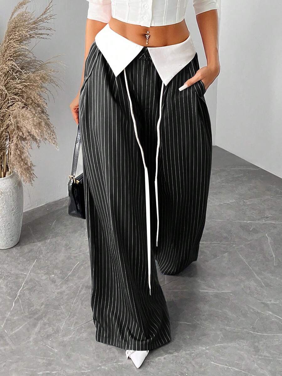 SHEIN SXY Quần kẻ sọc cạp cao màu đỏ cỡ lớn cho nữ, phù hợp mặc hàng ngày, công sở, đơn giản, đi làm, thanh lịch, giản dị, mua sắm, dạo phố, đi chơi, đơn giản và đa năng, dễ phối đồ và trông thon gọn, tôn dáng, tôn dáng, xuân/hè - màu đen - Xem 1