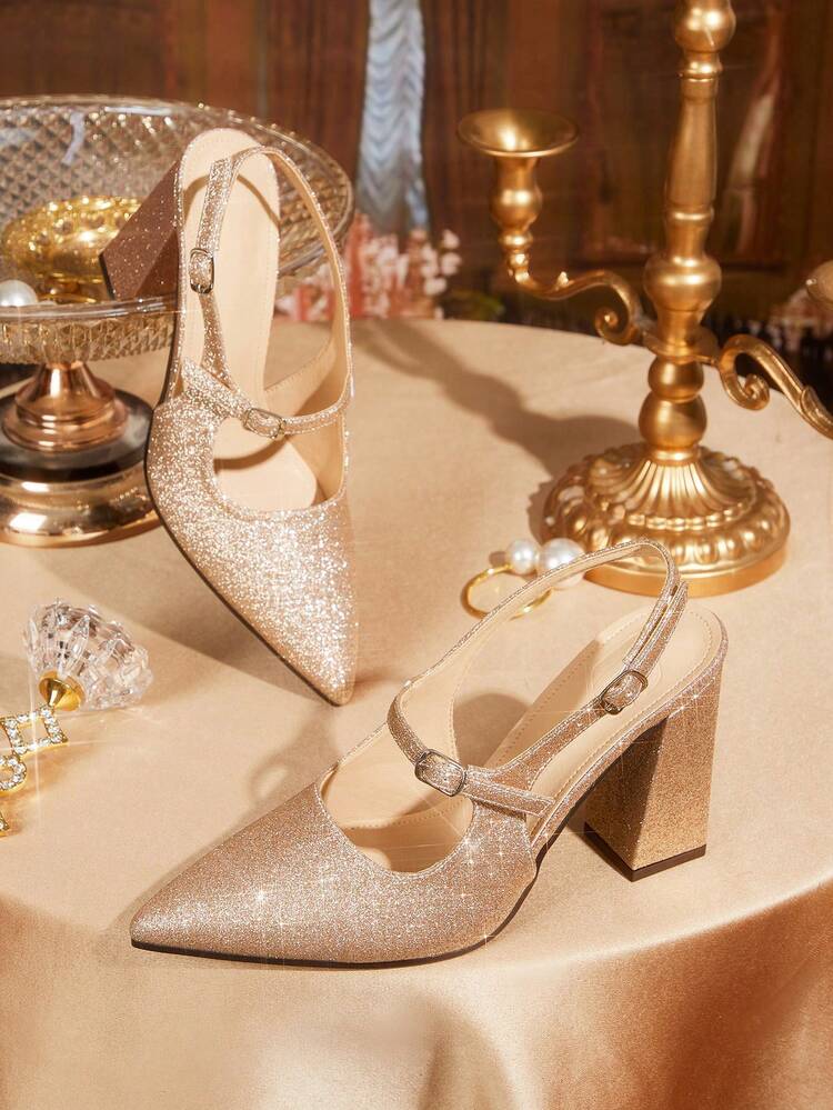 CUCCOO TILAWA Women Shoes Fashion Rose Gold Pointed Thick Heel High Heels