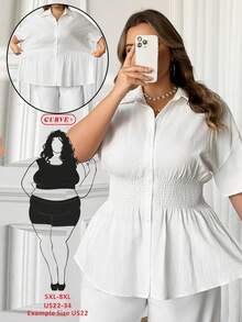 SHEIN CURVE+ 大码女式夏季休闲日常通勤简约纯色收腰宽松衬衫 - 白色 - 查看 11