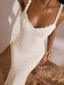 Opulessa 女士度假纯色针织蕾丝修身连衣裙 - 白色 - 查看 1