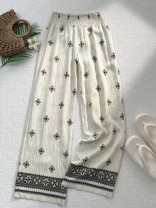 Sunnyshic 杏色水洗竹编结花印花低腰抽绳直筒阔腿裤，女士春夏款，适合度假、海滩、波西米亚风、优雅通勤、浪漫、休闲日常穿着 - 杏色 - 查看 3