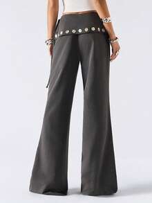 LYSMO 2026 New Arrive Minimalism Spring/Summer Women's Casual Flared Pants With Waist Fold Design And Buttons - Dark Grey - View 2