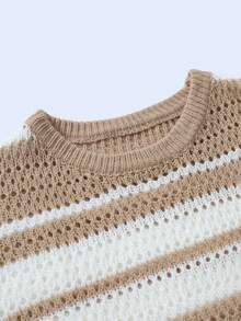 Manfinity LEGND 男士休闲撞色条纹镂空针织上衣，春夏款 - 卡其色 - 查看 7