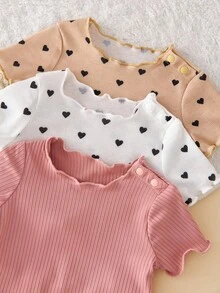 SHEIN 6件套 Dozemod 新生女婴可爱简约心形印花荷叶边下摆圆领短袖上衣和长裤针织睡衣套装 - 彩色 - 查看 4