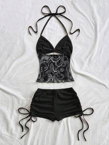 Soleia 女款夏季波西米亞風黑白海灘度假休閒兩件套，復古V領掛脖露背綁帶上衣搭配抽繩抓皺短褲 - 黑色 - 查看 2