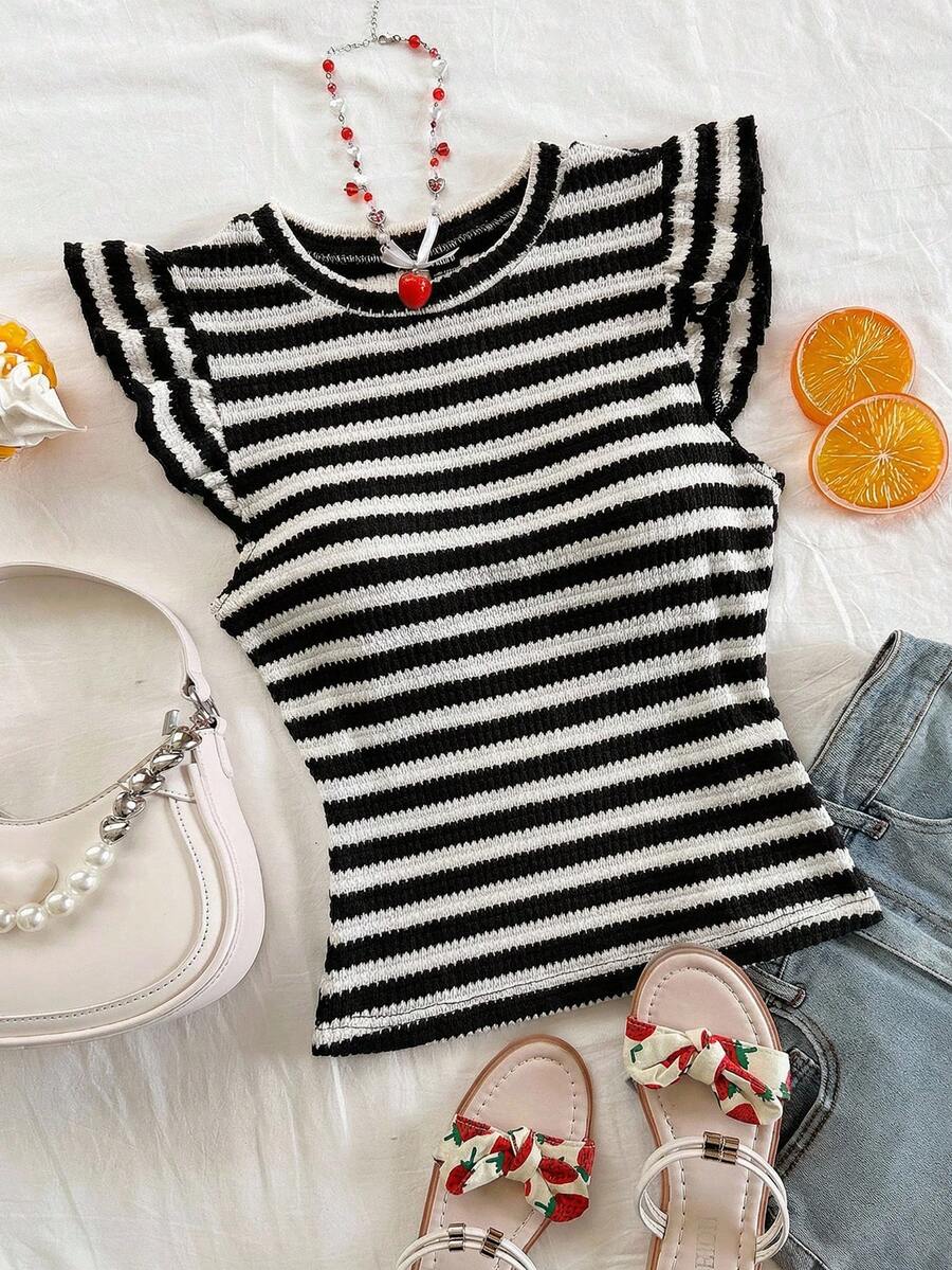 Soleia 休闲度假西部海滩婚礼宾客着装、毕业早午餐、圣帕特里克节春假、复活节音乐节、优雅波西米亚热带风情无袖条纹荷叶边T恤衬衫 - 黑與白 - 查看 1