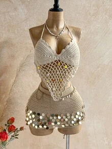 Soleia 女士不对称下摆亮片钩编吊带上衣，适合夏季度假 - 杏色 - 查看 4