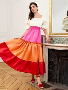 LOTSLUV Vestido elegante de manga bufante com decote quadrado verde escuro, cintura marcada e saia em A com babados, Vestido longo de verão elegante para mulheres, Vestido elegante para festa, casamento e convidados, Vestido de verão para mulheres, Vestido de festival, Vestido de férias - Multicolorido - Visão 1