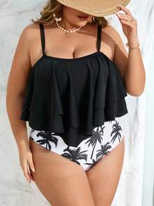 SHEIN CURVE+ Bộ đồ bơi hai mảnh in hình cây dừa dành cho nữ cỡ lớn, kiểu dáng thoải mái, thích hợp cho mùa hè. - màu đen - Xem 4