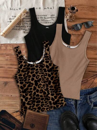 SHEIN EZwear Set de 3 camisetas de tirantes de cuello redondo casuales para mujer, versátiles para el verano