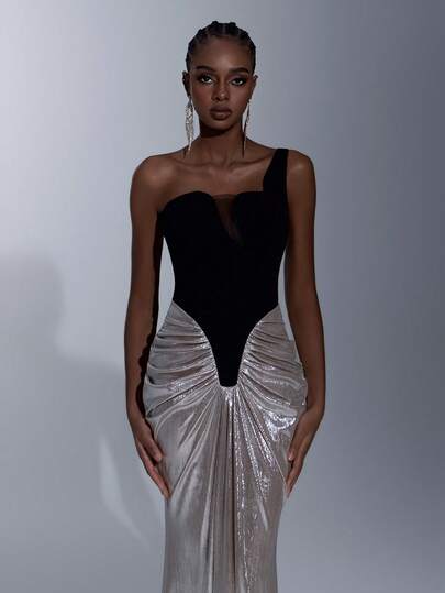 Elitara Elegant Luxurious Color Block Elastic Knit Patchwork Coated Glossy Fabric Ruched Mermaid Skirt, Suitable For Wedding, Party, Vacation, Gala, Evening Dress Glamorous Dress Silver Unique Dress Silver Dress For Prom Night For Prom Night Silver Silver Gown Gowns Gown For Prom Night