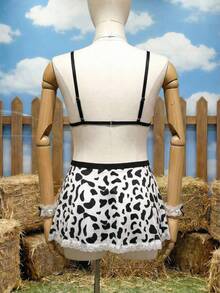 6pcs Bow Tie Cow Print Maid Costume Set, Lace Trim Sexy Lingerie Cosplay Outfit - Black and White - View 9