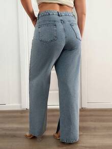 EURMUSE Plus High Waist Light Blue Wash Casual Style Regular Fit Slit Detailed Straight Jean - Light Wash - View 2