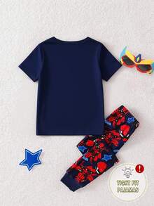 1set Young Boy Snug Fit Spider & Superhero Graphic Print Round Neck Short Sleeve Pajama Set, Spring/Summer - Royal Blue - View 2