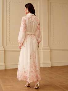 ZEYLAH Vestido camisero elegante de manga larga con estampado floral para mujer - Albaricoque - Ver 3