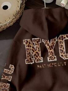 Glimmora Women's Leopard Print Letter Pattern Loose Fit Hooded Sweatshirt - Coffee Brown - View 3