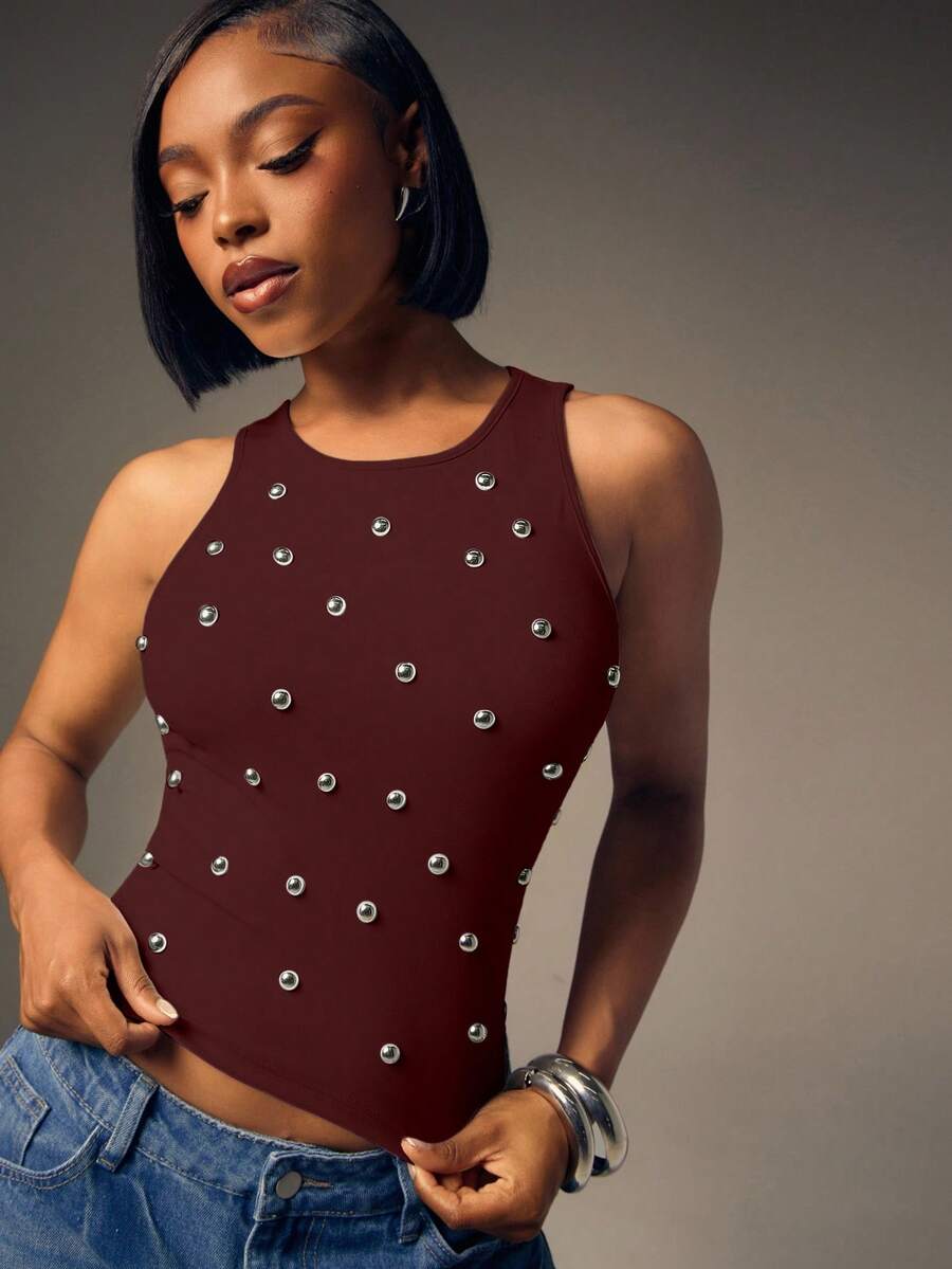 Denimoi Studded Round Neck Fashionable Sleeveless Top - Burgundy - View 1